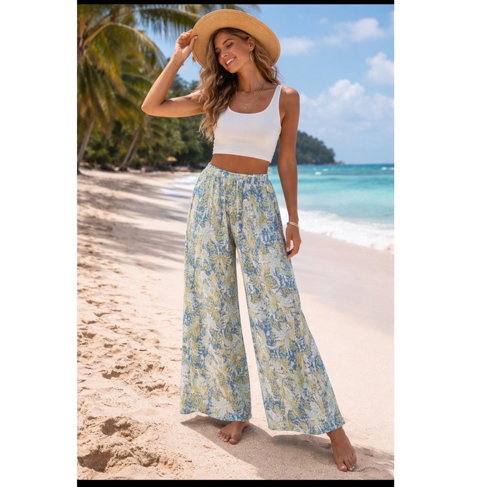Rachel Rachel Roy Blue Green Paisley Floral Wide Leg Palazzo Pants Small RN88820